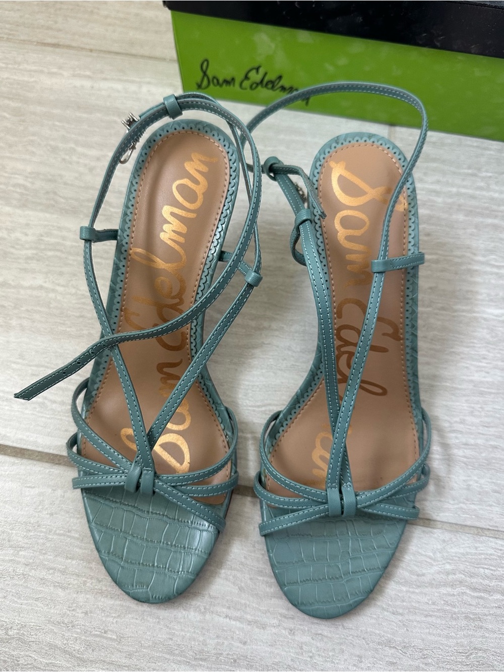 Sam Edelman Teal Strappy Croc-Textured Heels